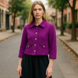 NWOT Carole Wren Purple 3/4 Sleeve Crop Tailored Jacket Coat Embellished Button